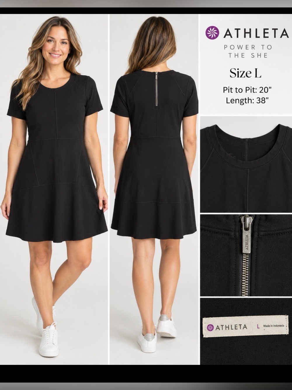 Athleta Black Fit & Flare Short Sleeve Stretch Dress Size L